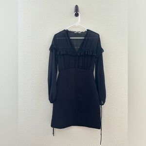 MANGO‎ Black Ruffle Chiffon Ballon Sleeve Sheer Long Sleeve Dress Size 4